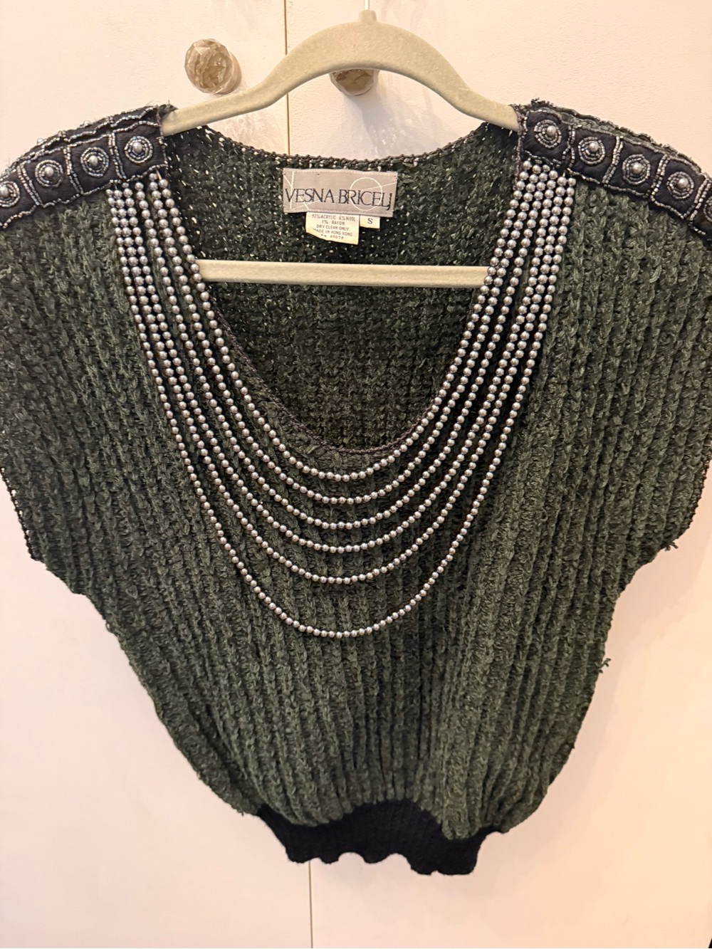 Vintage Vesna Briselj black & gray Beaded Shoulder Scoop Sweater